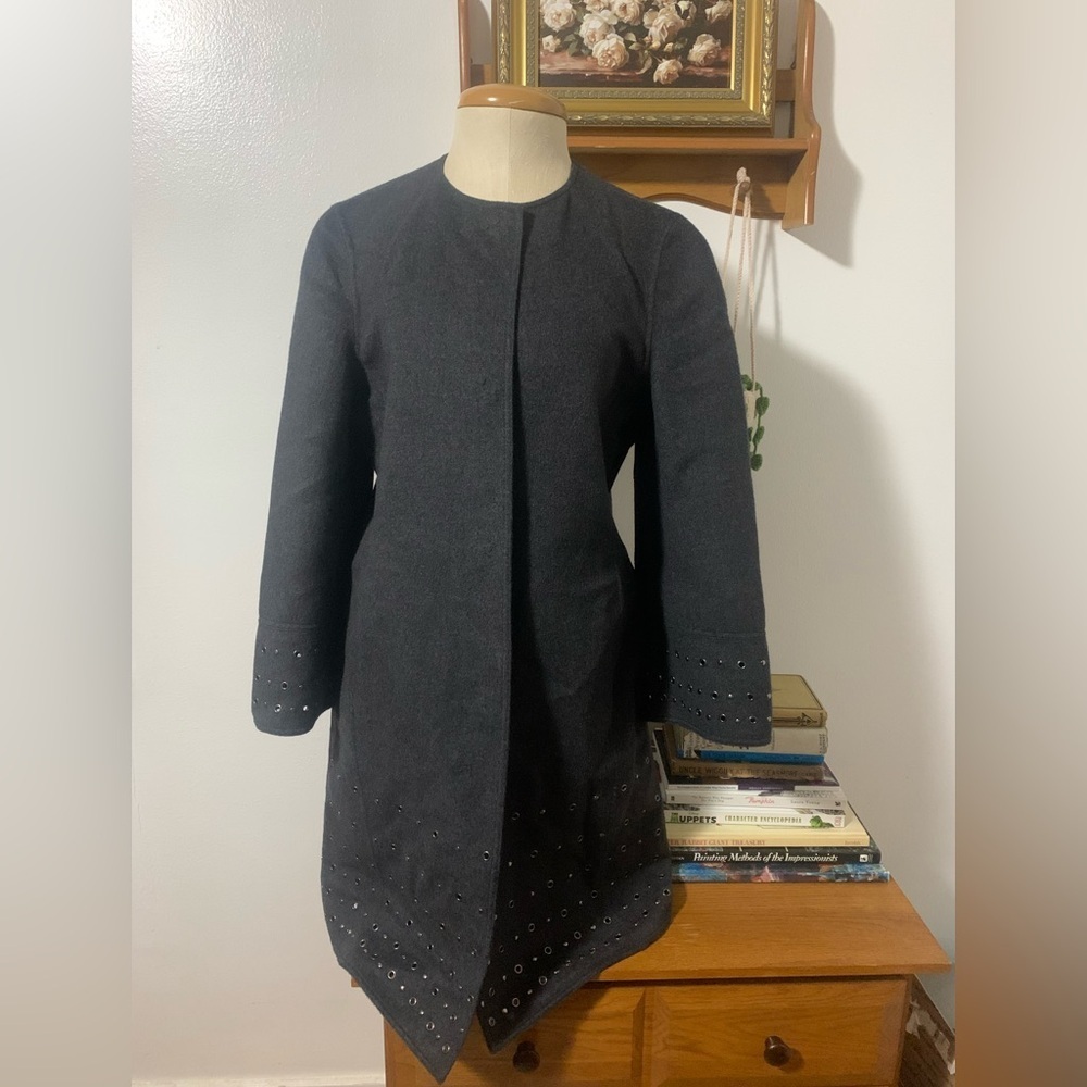 Carlisle Wool Angora Charcoal Grey Coat Grommet Detail Quiet Luxury Old Money